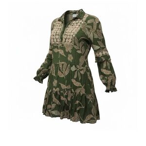 Miss June Paris Boho Tunic Dress Green Embroidered Floral Rayon Womens M/L